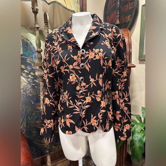 Euc Leslie Fay Floral Button Up Shirt/ blazer Black Orange Yellow Collared Top - Picture 1 of 6